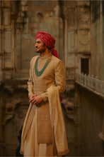 Load image into Gallery viewer, Salmon Matka Sherwani Beige Kurta Churidar Set