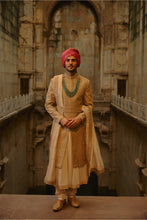 Load image into Gallery viewer, Salmon Matka Sherwani Beige Kurta Churidar Set