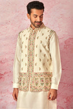 Load image into Gallery viewer, Cream Silk Kurta Bundi Set with Resham Floral Embroidery