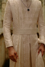 Load image into Gallery viewer, Beige Geometric Embroidered Raw Silk Sherwani Set