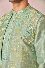 Load image into Gallery viewer, Green Raw Silk Open Bundi Set with Resham and Mirror Embroidery