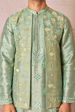 Load image into Gallery viewer, Green Raw Silk Open Bundi Set with Resham and Mirror Embroidery