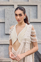 Load image into Gallery viewer, Ivory Satin Pearls, Tassels V-neck Hand Embroidered Pre-draped Saree Set