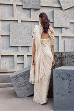 Load image into Gallery viewer, Ivory Satin Pearls, Tassels V-neck Hand Embroidered Pre-draped Saree Set