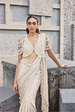 Load image into Gallery viewer, Ivory Satin Pearls, Tassels V-neck Hand Embroidered Pre-draped Saree Set