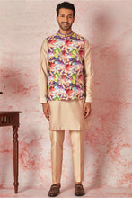 Load image into Gallery viewer, Peach Linen Bundi and Silk Kurta Set with Floral Print