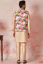 Load image into Gallery viewer, Peach Linen Bundi and Silk Kurta Set with Floral Print
