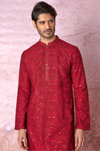 Load image into Gallery viewer, Red Radiance: Chanderi Silk Kurta with Resham and Sequins, Cross Stitch Embroidery