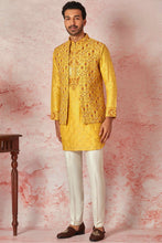 Load image into Gallery viewer, Haldi Mustard Embroidered Chanderi Silk Kurta Bundi Set