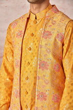 Load image into Gallery viewer, Oramge Jacquard Silk Leaf Motif Kurta Bundi Set