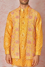 Load image into Gallery viewer, Oramge Jacquard Silk Leaf Motif Kurta Bundi Set