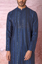 Load image into Gallery viewer, Indigo Charm Indigo Blue Chanderi Silk Kurta with Resham and Sequins in Panel Embroidery Floral Geometric