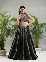 Load image into Gallery viewer, Black Thread and Mirror hand embroidered Lehenga set