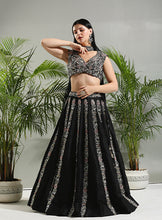 Load image into Gallery viewer, Black Thread and Mirror hand embroidered Lehenga set