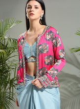 Load image into Gallery viewer, Grey top and skirt set with Fuchsia Jacket