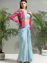 Load image into Gallery viewer, Grey top and skirt set with Fuchsia Jacket