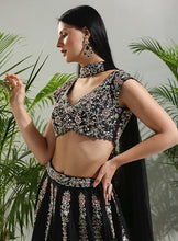 Load image into Gallery viewer, Black Thread and Mirror hand embroidered Lehenga set