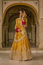 Load image into Gallery viewer, Aashina - Dabka Zardozi Embroidered Pure Tissue Mustard Lehenga Set