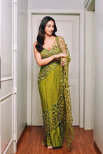 Load image into Gallery viewer, Predraped , mehendi green , hand embroidered net & satin saree