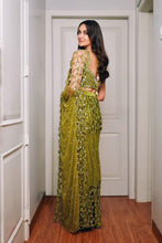 Load image into Gallery viewer, Predraped , mehendi green , hand embroidered net & satin saree