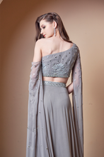 Load image into Gallery viewer, MIRROR WORK FLOWER MOTIF GREY LEHENGA