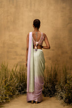 Load image into Gallery viewer, Mint green & lilac ombre pre-draped modal satin saree with embroidered blouse