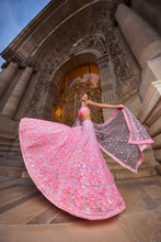 Load image into Gallery viewer, Neon Peach Pink Sequin Lehenga Set
