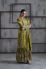 Load image into Gallery viewer, Mehendi green embroidered anarkali churidar dupatta