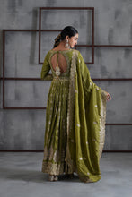 Load image into Gallery viewer, Mehendi green embroidered anarkali churidar dupatta