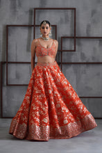 Load image into Gallery viewer, Orange embroidered bustier, banarsi lehenga and dupatta