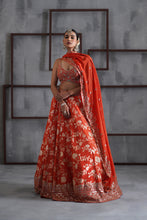Load image into Gallery viewer, Orange embroidered bustier, banarsi lehenga and dupatta