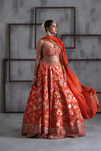 Load image into Gallery viewer, Orange embroidered bustier, banarsi lehenga and dupatta