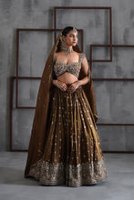 Load image into Gallery viewer, Brown embroidered blouse, lehenga and dupatta