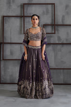 Load image into Gallery viewer, Purple tissue embroidered blouse, lehenga and dupatta