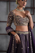 Load image into Gallery viewer, Purple tissue embroidered blouse, lehenga and dupatta