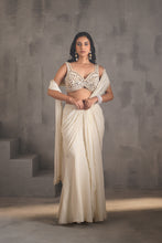 Load image into Gallery viewer, Ivory embroidered blouse and stitched draped saree