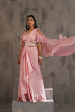 Load image into Gallery viewer, Baby pink embroidered blouse and draped saree