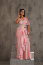 Load image into Gallery viewer, Baby pink embroidered blouse and draped saree