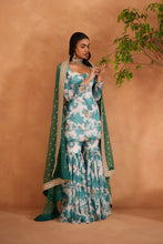 Load image into Gallery viewer, Teal blue and white printed kurti, garara and dupatta