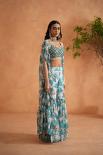Load image into Gallery viewer, Teal blue mirror blouse, printed garara and cape