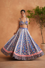 Load image into Gallery viewer, Blue printed and embroidered blouse, lehenga and dupatta
