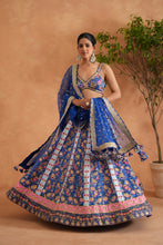 Load image into Gallery viewer, Blue printed and embroidered blouse, lehenga and dupatta