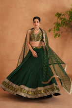 Load image into Gallery viewer, Bottle green brocade blouse, lehenga and dupatta