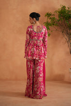 Load image into Gallery viewer, Fuchsia embroidered peplum kurti, garara and dupatta