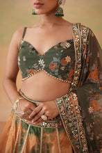 Load image into Gallery viewer, Olive green printed blouse, tie and dye lehenga and printed dupatta