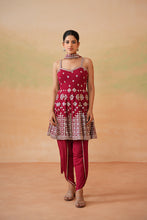 Load image into Gallery viewer, Maroon embroidery fabric peplum kurti, tulip salwar and choker dupatta
