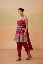 Load image into Gallery viewer, Maroon embroidery fabric peplum kurti, tulip salwar and choker dupatta