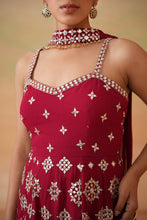 Load image into Gallery viewer, Maroon embroidery fabric peplum kurti, tulip salwar and choker dupatta