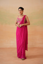 Load image into Gallery viewer, Fuchsia embroidered blouse, drape saree and belt