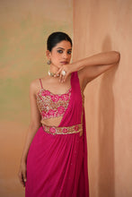 Load image into Gallery viewer, Fuchsia embroidered blouse, drape saree and belt